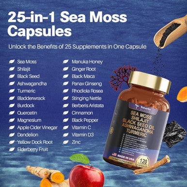 Totaria 25 In 1 Sea Moss Black Seed Oil Ashwagandha Ginger Shilajit Supplement 18525Mg Sea Moss Capsules With Bladder Burdock Ceylon Cinnamon Berberine Acv Manuka Vit C and D3 For Immune Gut and Energy 120 Capsules