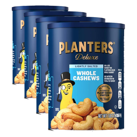 PLANTERS Deluxe Lightly Salted Cashews, Plant Based Protein, 18.25Oz (1 Ct) | Whole Roasted Cashews. Snacks for Adults. Resealable Canister. Plant Based Protein Snack. Pantry Staples