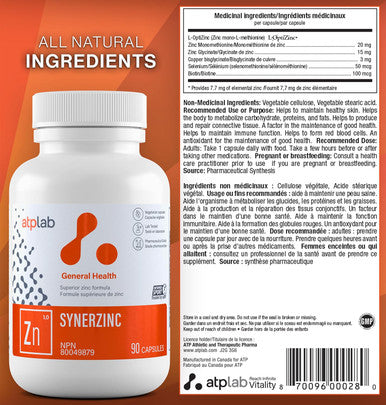 Atp Lab Synerzinc 90 Caps - Vegan Zinc Supplement For Men And Women - Zinc Mineral Supplements - Healthy Skin - Zinc Vitamins For Adults