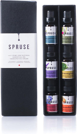 SPRUSE Canadian 100% Natural Essential Oils Set of 6 - Mandarin, Rosemary, Lemongrass, Eucalyptus, Peppermint, Lavender