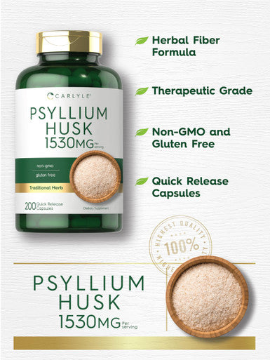 Carlyle Psyllium Husk Capsules 1530Mg | 200 Count | High Potency Fiber Supplement | Non-Gmo, Gluten Free