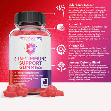 Atlantis Nutrition 8-In-1 Immune Support Gummies W/Elderberry - Immune Support Supplement W/Elderberry, Quercetin, Zinc & Vitamin C Gummies - Immunity Boosters For Adults & Kids - Delicious Elderberry Flavor - 60 Count