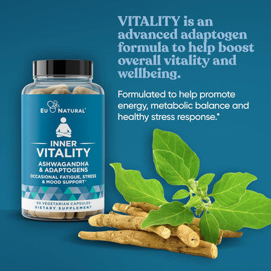 Eu Natural Vitality Cortisol Supplement Fight Fatigue Feel Calm & Balanced Healthy Cortisol Focused Energy Adrenal Support Ashwagandha Supplement with Rhodiola L-Tyrosine Holy Basil 60 Veg Capsules