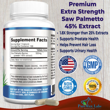YUMMYVITE Extra Strength Saw Palmetto - 45% Extract Prostate Supplement, Decrease Frequent Urination, Dht Blocker For Hair Growth, Non-Gmo, 100 Capsules