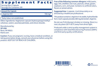 Klaire Labs L-Arginine HCl 700mg - Energy, Metabolism & Immune Support - Gluten- L-Arginine Supplements - Hypoallergenic L-Arginine for Men and Women (100 Capsules)