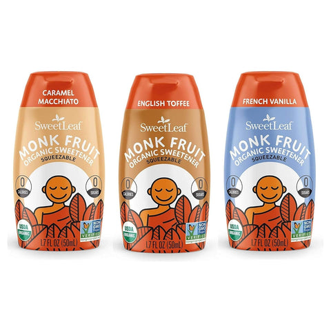 SweetLeaf Liquid Monk Fruit Variety Pack - Monk Fruit Sweetener Drops, Organic Monk Fruit Extract, Zero Calorie Sweetener, Sugar Free - French Vanilla, English Toffee, Caramel Macchiato (Pack of 3)
