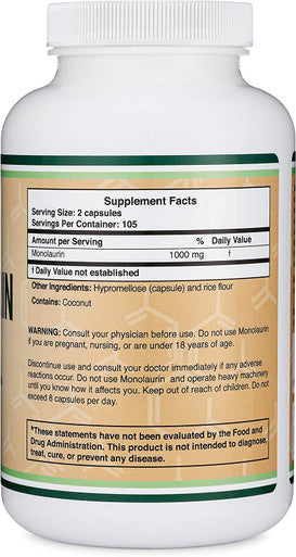 Monolaurin 1000mg per Serving 210 Capsules Vegan Safe NonGMO Gluten Manufactured in The USA Immune Health Support by Double Wood Supplements