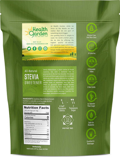 Health Garden Stevia Sweetener Powder - 4:1 Sugar Substitute - All Natural - Gluten - Keto Friendly - Tastes Like Sugar (2 Lbs)