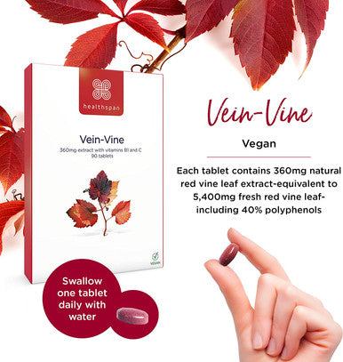 Healthspan Vein Vine 360mg | 90 Tablets | Red Vine Leaf Extract | Added Vitamins B1 & C | Vegan