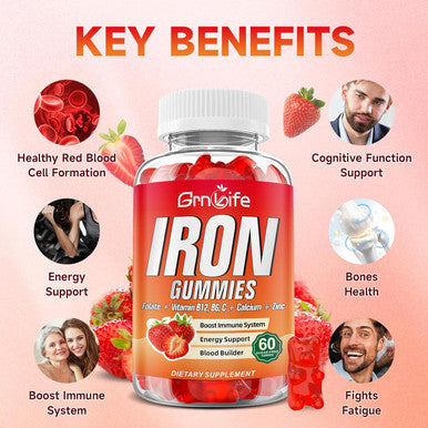 Iron Gummies For Women, Men & Kids, Sugar Iron Supplement With Calcium, Zinc, Folate & Vitamin B12, C, B6 - For Blood Building & Energy Support, Anemia, Strawberry, 60 Count
