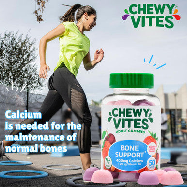Chewy Vites Adult Bone Support 50 Vitamin Gummies 400mg Calcium Gummies with 20 mcg Vitamin D3 for Bones Teeth & Muscle Function 2-a-Day Vegan Mix of Wild Cherry and Strawberry Flavour