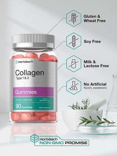 Collagen Gummies | 90 Count | Strawberry Flavored Gummy | Hydrolyzed Collagen Type 1 and 3 | Non-GMO, Gluten Free | by Horbaach