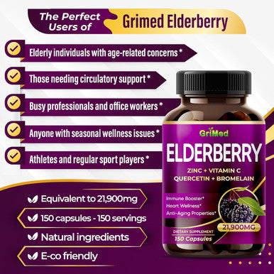 Grimed Elderberry 21,900Mg - X15 Power With Zinc, Vitamin C, Quercetin, Bromelain - Immune Booster, Anti-Aging Properties - Made In Usa (150 Count (Pack Of 1))