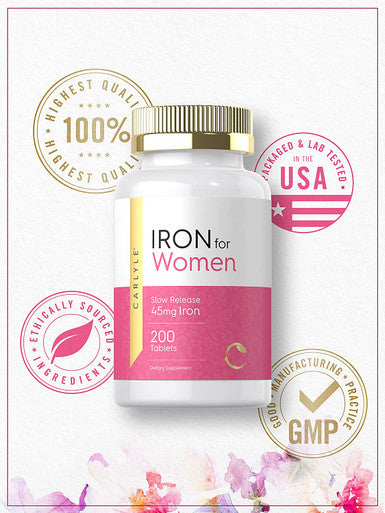 Iron Supplement for Women 45mg | 200 Tablets | Vegetarian, Non-GMO, Gluten Free, Slow Release Pills | by Carlyle