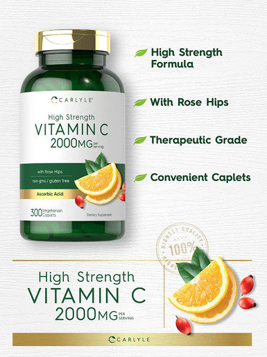 Carlyle Vitamin C 2000mg with Rose Hips 300 Caplets Vegetarian Non GMO Gluten Free Supplement