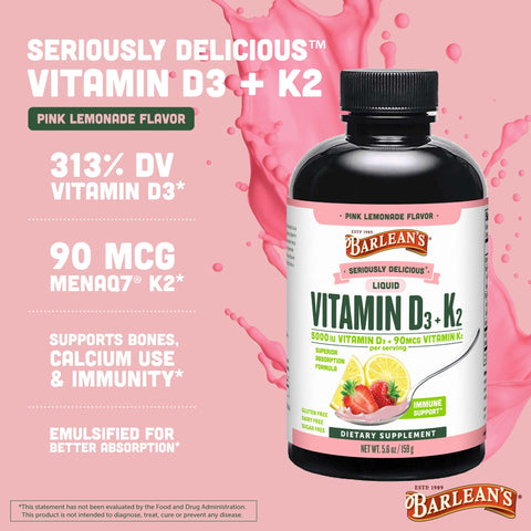 Barlean's Pack of 2 Vitamin D3 Liquid Supplement for Kids and Adults 5000 IU Vitamin D Strawberry Milkshake NonGMO Gluten and Dairy 5.6 oz Each