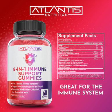 Atlantis Nutrition 8-In-1 Immune Support Gummies W/Elderberry - Immune Support Supplement W/Elderberry, Quercetin, Zinc & Vitamin C Gummies - Immunity Boosters For Adults & Kids - Delicious Elderberry Flavor - 60 Count