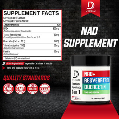 DEDICAD Nad+ Supplement 500Mg - Pure Nad Supplement - Combined To Fisetin, Tmg, Resveratrol And Quercetin - Energy And Dna Repair, Aging Defense, Brain Function - 60 Capsules