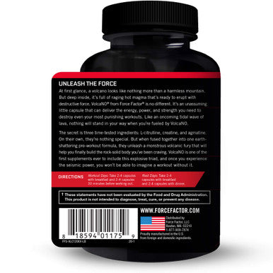 Force Factor Volcano Pre Workout Nitric Oxide Booster Supplement for Men with Creatine and L-Citrulline to Boost Nitric Oxide and Energy, Help Build Muscle, Better Pump and Workout, 120 Capsules