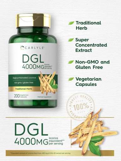 Dgl Deglycyrrhizinated Licorice Capsules | 200 Count | 4000Mg | Vegeterian, Non-Gmo & Gluten Free Supplement | By Carlyle