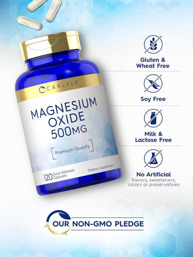 Carlyle Magnesium Oxide 500mg | 120 Capsules | Premium Quality | Non-GMO and Gluten Supplement