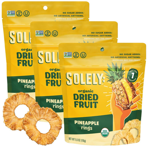 SOLELY - Organic Dried Pineapple Rings (5.5 oz Resealable Bags, Pack of 3) - Real Fresh Fruit - 1 Ingredient - Healthy Snacks for Adults & Kids - Non GMO, Vegan Snacks, Shelf Stable - 3 Bags (16.5 oz)