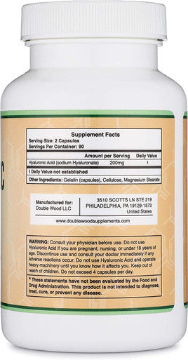 Hyaluronic Acid Supplement 180 Capsules Enhances Effects of Hyaluronic Acid Serum for Face 200mg Per Serving for Skin and Face Aging Support by Double Wood Supplements Acido Hialuronico