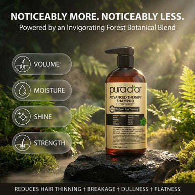 PURA D'OR Advanced Therapy Shampoo Reduces Hair Thinning & Increases Volume, No SLS, Biotin Shampoo Infused w/Argan Oil, Aloe Vera for All Hair Types, Men & Women, Invigorating Forest Scent 16 Fl Oz
