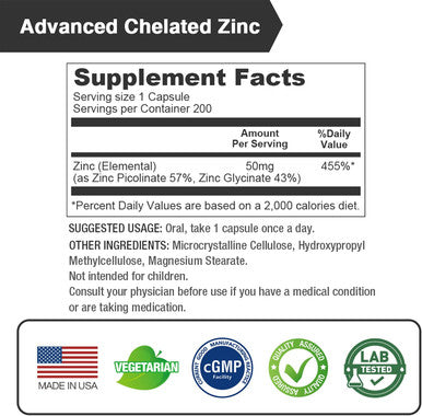 Lovita Zinc 50Mg Potent Highly-Absorbed Chelated Zinc Supplements, Picolinate & Bisglycinate Vegan, Gluten Free, Non-Gmo For Immune, Antioxidant Support & Healthy Skin 200 Capsules (Pack Of 3)