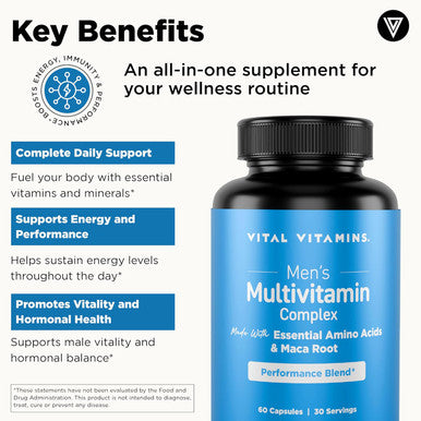 Vital Vitamins Men'S Multivitamin Complex - Made With Essential Amino Acids & Maca Root - With Vitamin A, C, E, B6, B12, D3 & Male Performance Blend - Daily Mens Multivitamin - 60 Capsules
