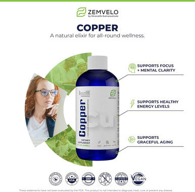 Liquid Ionic Chelated Copper Natural Elixir For Healthy Connective Tissue Healthy Hair, Skin, Nails & Collagen Healthy Iron Levels Mood Balance 96 Day Supply