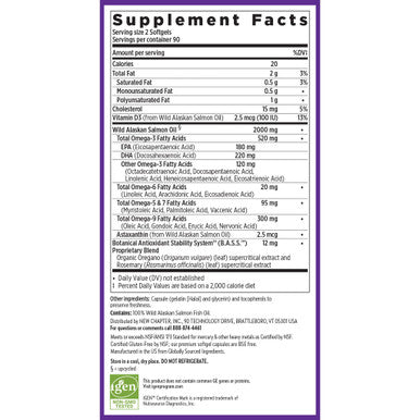 New Chapter Wholemega Fish Oil Supplement Softgels Wild Alaskan Salmon Oil with Omega-3 + Astaxanthin + Sustainably Caught 180 Count