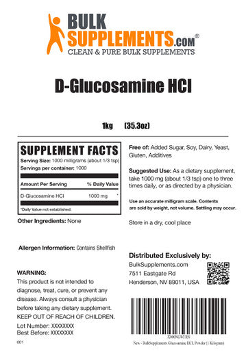 BulkSupplements Glucosamine Powder - Dietary Supplement for Joint Health, Glucosamine Supplement - - 1000mg , 1000 Servings (1 Kilogram - 2.2 lbs)