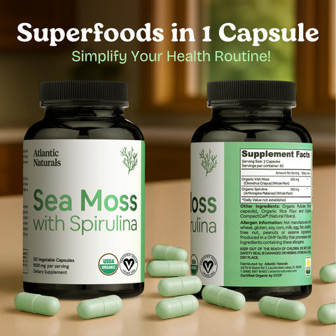 Atlantic Naturals Sea Moss with Spirulina Superfood Capsules Multivitamin Supplement Supports Healthy Iron and Immune Health Alternative to Seamoss Gel and Powder Irish Sea Moss Capsules (120 ct)