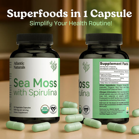 Atlantic Naturals Sea Moss With Spirulina Superfood Capsules - Multivitamin Supplement Supports Healthy Iron And Immune Health Alternative To Seamoss Gel And Powder - Irish Sea Moss Capsules (120 Ct)