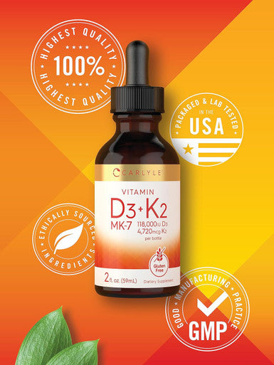 Carlyle Vitamin D3 K2 Liquid | 2 Fl Oz | MK-7 Supplement | Vegetarian Non-GMO Gluten