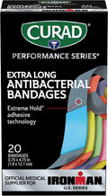 Curad Performance Series IRONMAN Antibacterial Bandages Extreme Hold Adhesive Technology Extra Long Flexible Fabric Bandages for Cuts Scrapes & Burns Assorted Colors 0.75 x 4.75 inches 20 Count