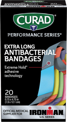 Curad Performance Series IRONMAN Antibacterial Bandages Extreme Hold Adhesive Technology Extra Long Flexible Fabric Bandages for Cuts Scrapes & Burns Assorted Colors 0.75 x 4.75 inches 20 Count