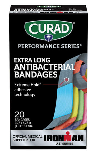 Curad Performance Series Ironman Extra Long Antibacterial Bandage Extreme Hold Adhesive Technology Fabric Bandages.75 x 4.75 Inch 20 Count (Pack of 2)