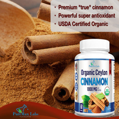 YUMMYVITE Organic Ceylon Cinnamon - 1000Mg Per Serving, Certified Organic True Cinnamon Supplement, Antioxidant, Fast Absorption - 60 Tablets