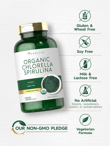 Carlyle Organic Chlorella Spirulina Tablets | 1300 Count | 50/50 Blend | Non-GMO and Gluten