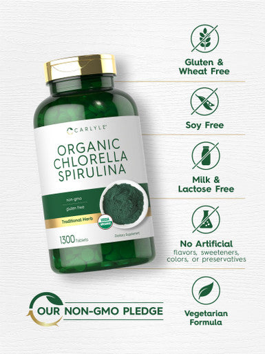 Carlyle Organic Chlorella Spirulina Tablets | 1300 Count | 50/50 Blend | Non-Gmo And Gluten Free