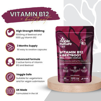 NobleNature Beetroot & Vitamin B12 Complex ÃƒÂ¢Ã¢â€šÂ¬Ã¢â‚¬Å“ 9000mg Beetroot + 1000mcg Dual B12 (Methylcobalamin & Adenosylcobalamin) ÃƒÂ¢Ã¢â€šÂ¬Ã¢â‚¬Å“ Energy & Immune Support ÃƒÂ¢Ã¢â€šÂ¬Ã¢â‚¬Å“ 90 Capsules ÃƒÂ¢Ã¢â€šÂ¬Ã¢â‚¬Å“ UK Made (90)