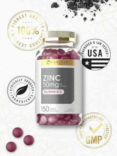 Carlyle Zinc 50Mg Gummies 150 Count Vegan, Non-Gmo And Gluten Formula Zinc Citrate Dietary Supplement