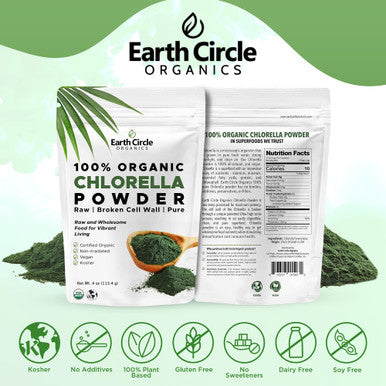 Earth Circle Organics Organic Chlorella Powder Superfood | Kosher | Broken Cell Wall ChlorophylI Vegan Super Green Algae Clean Chlorella High in Protein Fiber & Amino Acids - 4oz