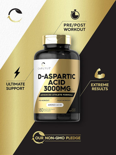 Carlyle D Aspartic Acid Capsules (DAA) | 3000mg | 180 Count | Non-GMO Gluten Supplement | Advanced Athlete Formula