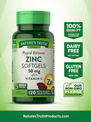Zinc with Vitamin C | 50mg | 120 Softgels | Non-GMO & Gluten Supplement | by Natures Truth