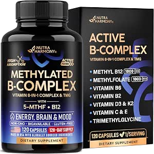 Vitamin B Complex Methylated BComplex With Methylfolate and B12 Bioavailable For Men and Women 9In1 Methylated Multivitamin Energy Brain and Mood Vegan Made In Usa 120 Capsules One/Day