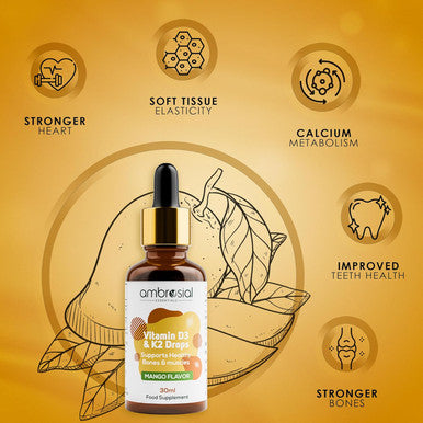 Ambrosial Ambrosial Vitamin D3 K2 Liquid Drops for Adults & Kids | Mango Flavor High Strength Vitamin D Liquid 500 IU & Vitamin K2 50 mcg PER DROP (Pack of 1-30 ml)