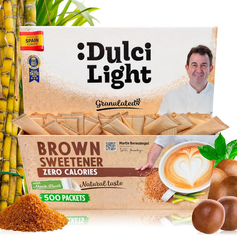 DulciLight Brown Monk Fruit 500 packets. Zero Calorie Sweetener. Monk Fruit Sweetener No Erythritol, Allulose and Stevia. Monkfruit Keto Sugar Substitute granulated powdered without aftertaste. Monk fruit coffee sweetener.